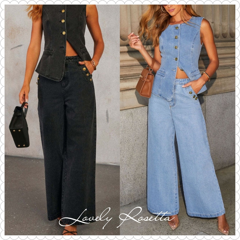 Classic Button Accent High Waist Wide Leg Jeans - Picture 13 of 13